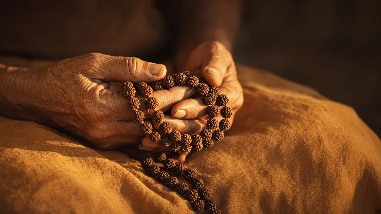 Weathered hands holding a rudraksha prayer bead strand in warm light