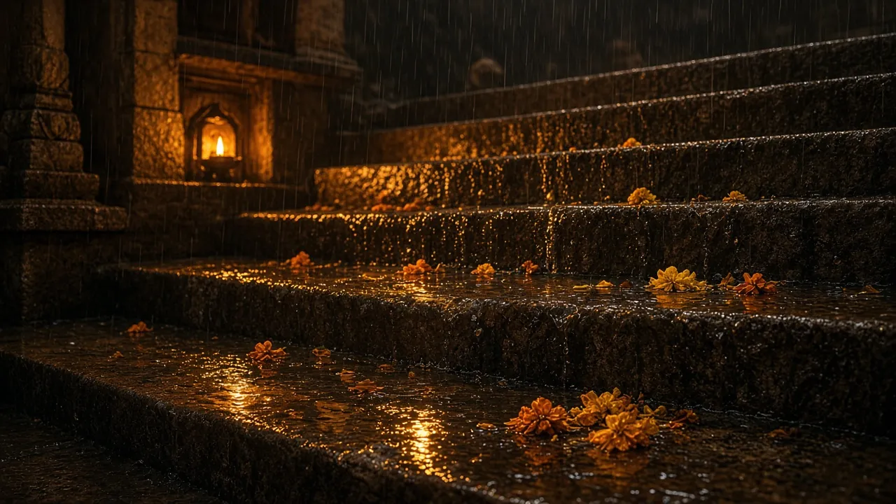 Rain falling on worn temple steps with lamplight reflected in the water