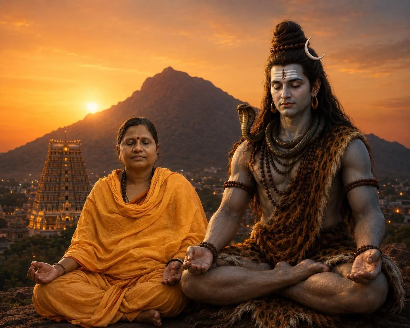 Lord Shiva and a devotee seated in meditation before a temple and mountains at sunset