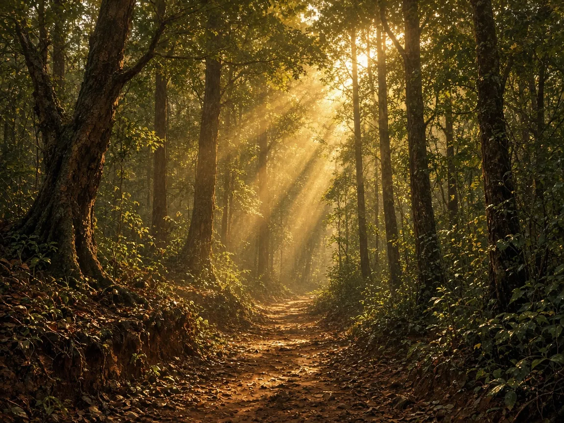 A narrow earthen path through tall trees with golden light falling between them